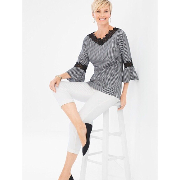 Chico's Tunic Women's Size 0 (XS/4) Black Gingham 3/4 Bell Sleeve Lace Applique - Picture 1 of 12